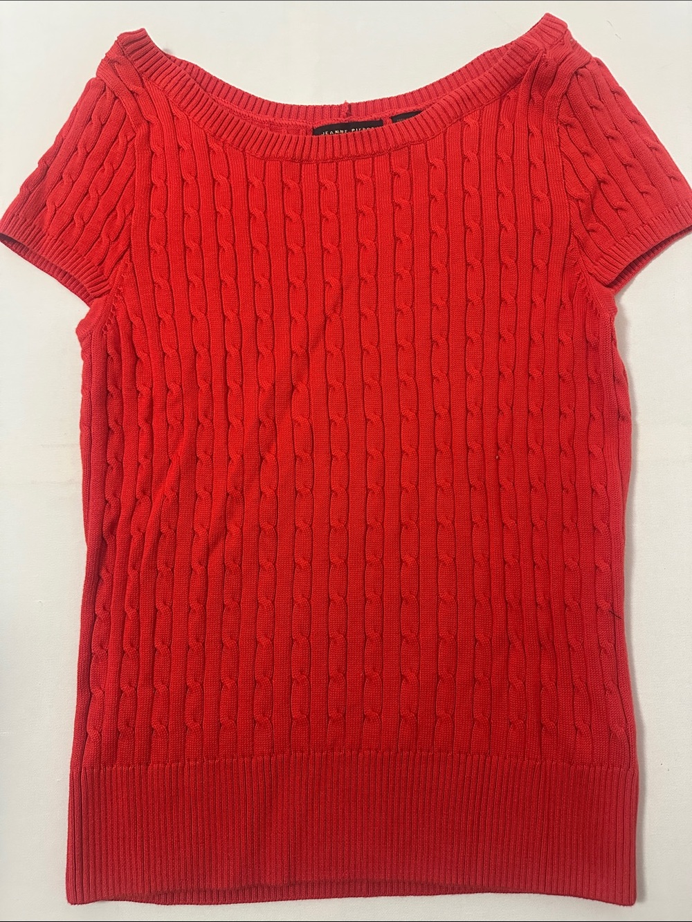 JEANNE PIERRE Red Off-the-Shoulder Cable Knit Sweater